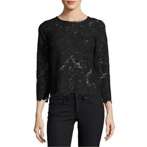 Joie Antonia Black Sheer Floral Lace Boatneck Top Size Small